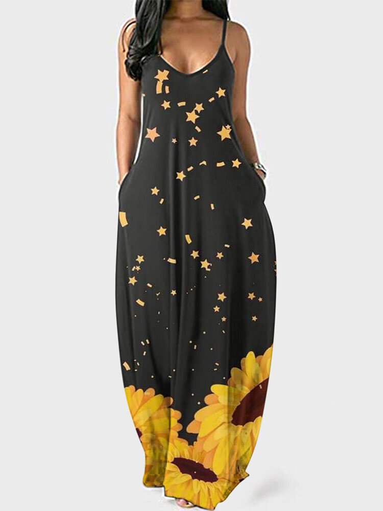 

Sunflowers Stars Print Camisole Dress, Black