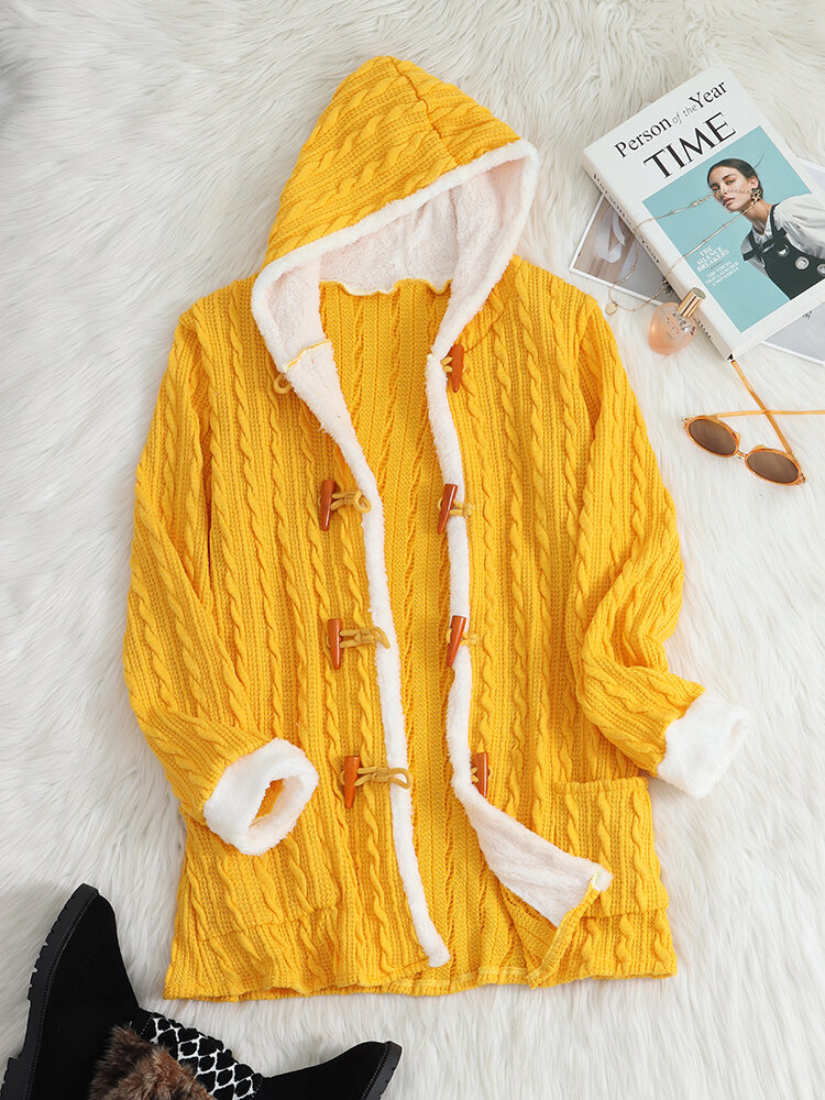 

Contrast Color Horn Button Plush Hooded Cable Knit Cardigan, Yellow;red;gray;blue;beige;apricot