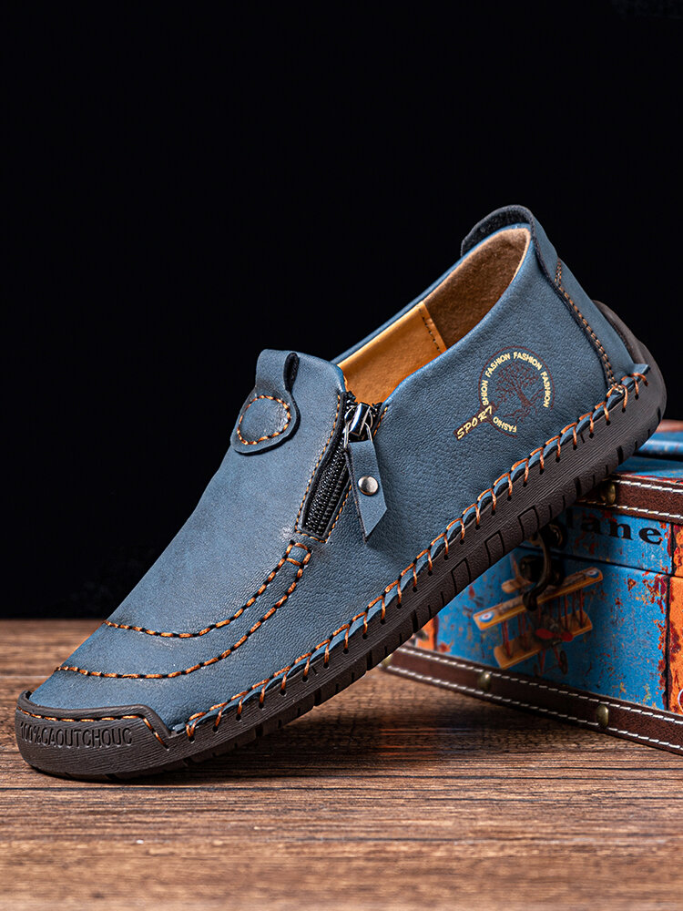 Menico Men Retro Classic Round Toe Side-zip Slip Resistant Hand Stitching Shoes
