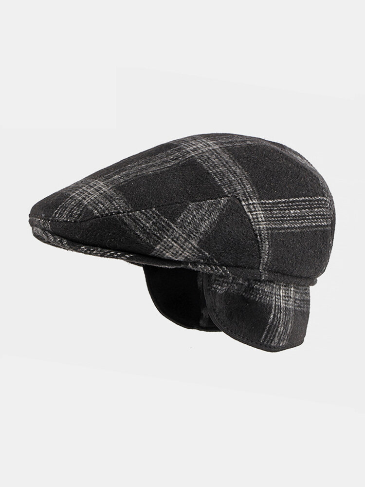 Men Felt Ear Protection Keep Warm Plaid Pattern Casual Forward Hat Beret Hat Flat Cap
