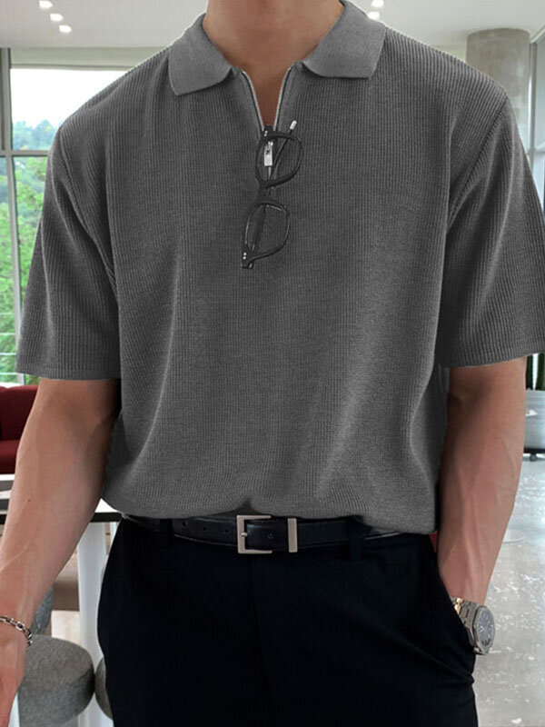 Mens Knit Quarter Zip Casual Manga Curta Golf Camisa