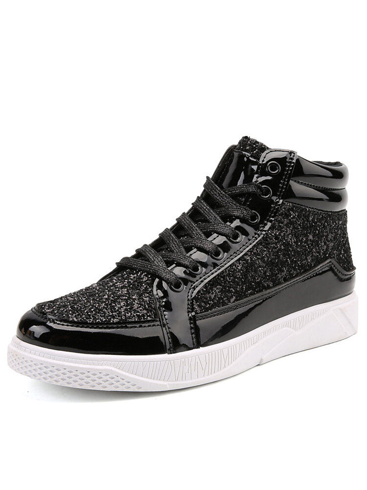 

Men Patent Leather Sequins Lace-up Hard Wearing Casual Skate Shoes, Black;gold;silver