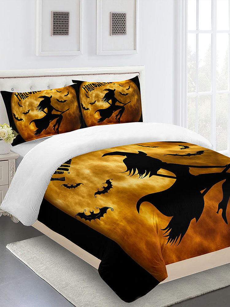 

3PCs Halloween Witch Bat Horror Series Bedroom Decoration Bedding Set Cushion Cover Quilt Cover Pillowcase