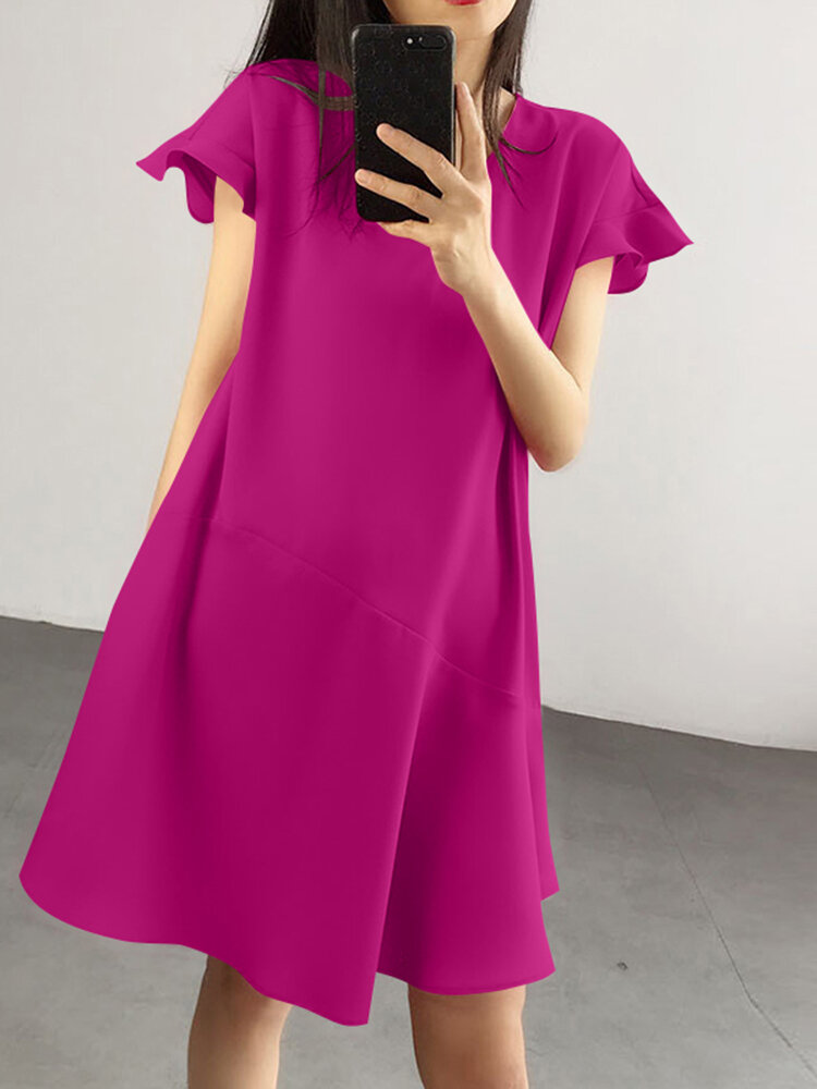 Solid Ruffle Sleeve V-neck A-line Casual Women Dress