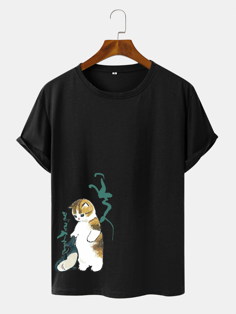 Mens Cartoon Cat & Whale Print Casual Short Sleeve T-Shirts