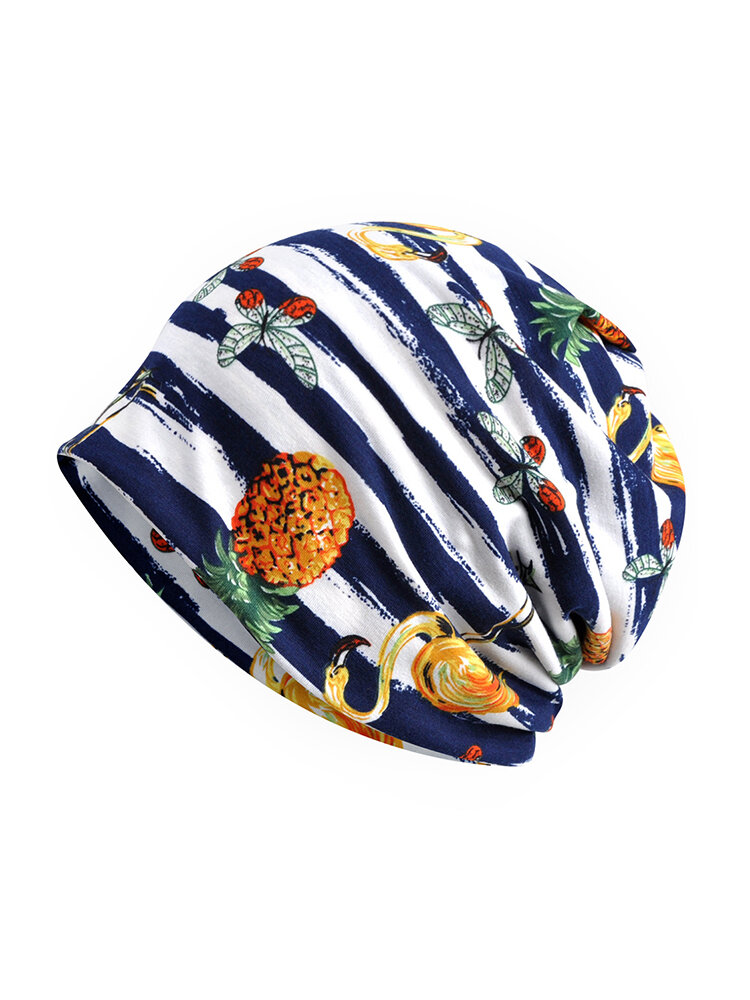 Women Cotton Print Stripe Bonnet Cap Casual Beanie Hats Outdoor Sun Cap Scarf Dual Use For Woman