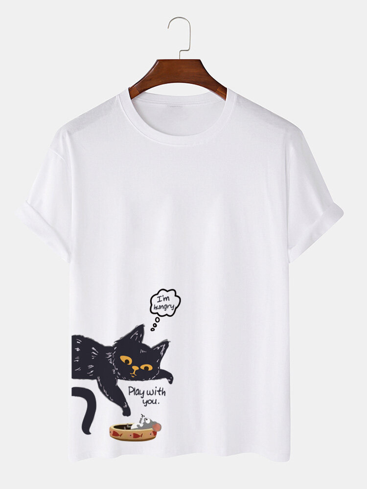 Mens Cat & Mouse Print Crew Neck Cotton Short Sleeve T-Shirts