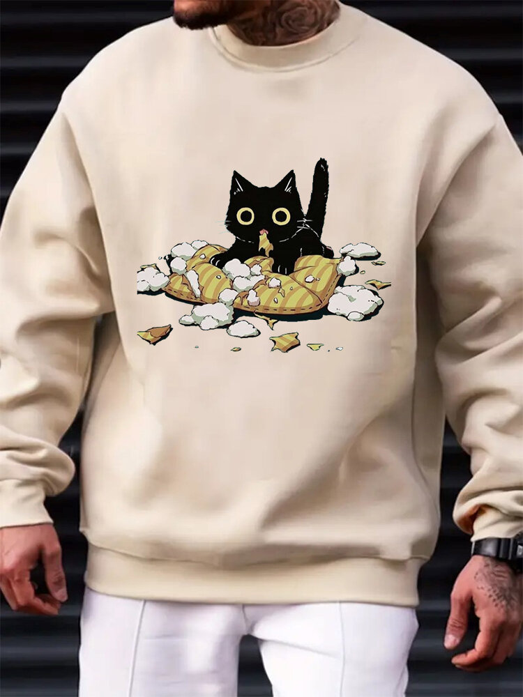 Crew da uomo con stampa di gatti dei cartoni animati Collo Felpe pullover casual invernali