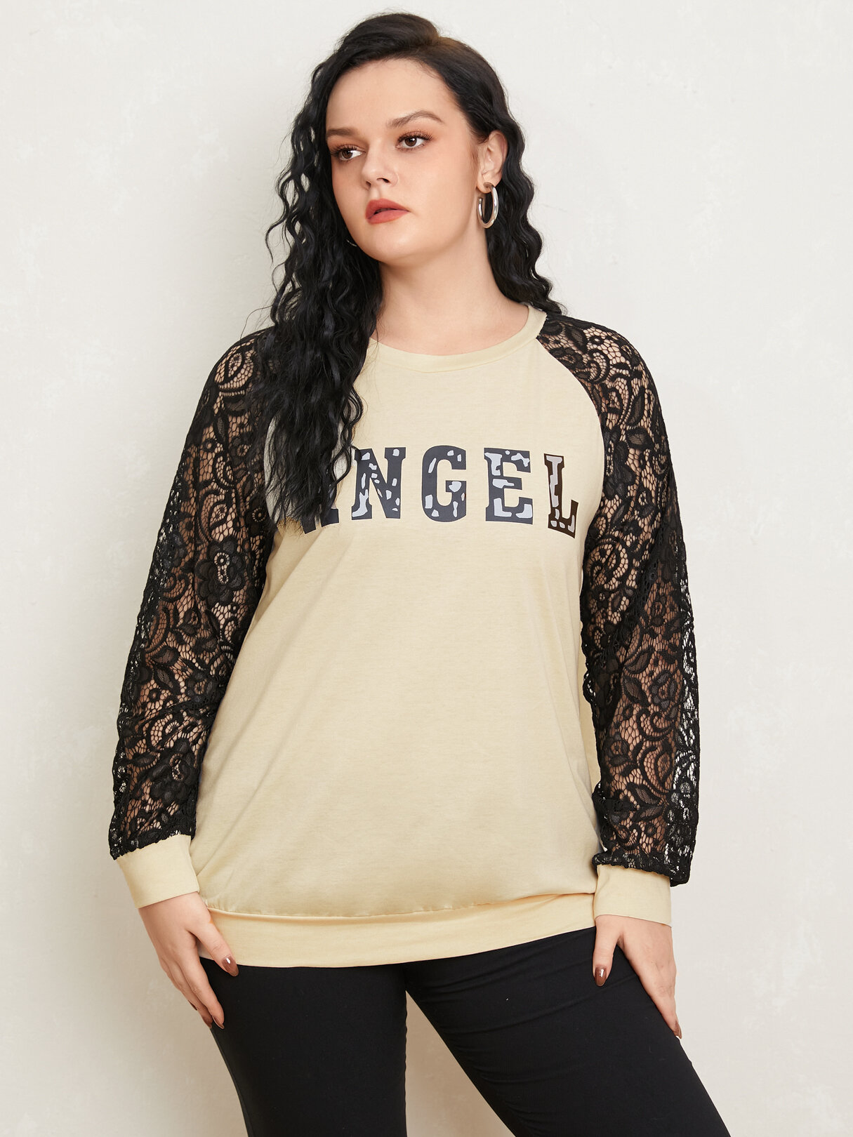 

Plus Size Crew Neck Letter Patchwork Design Long Sleeves Tee, Beige;green