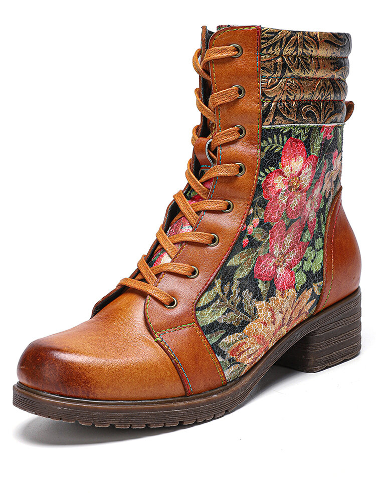 Socofy Floral Printing Leather Side Zipper Patchwork Comfy Suede Short Boots