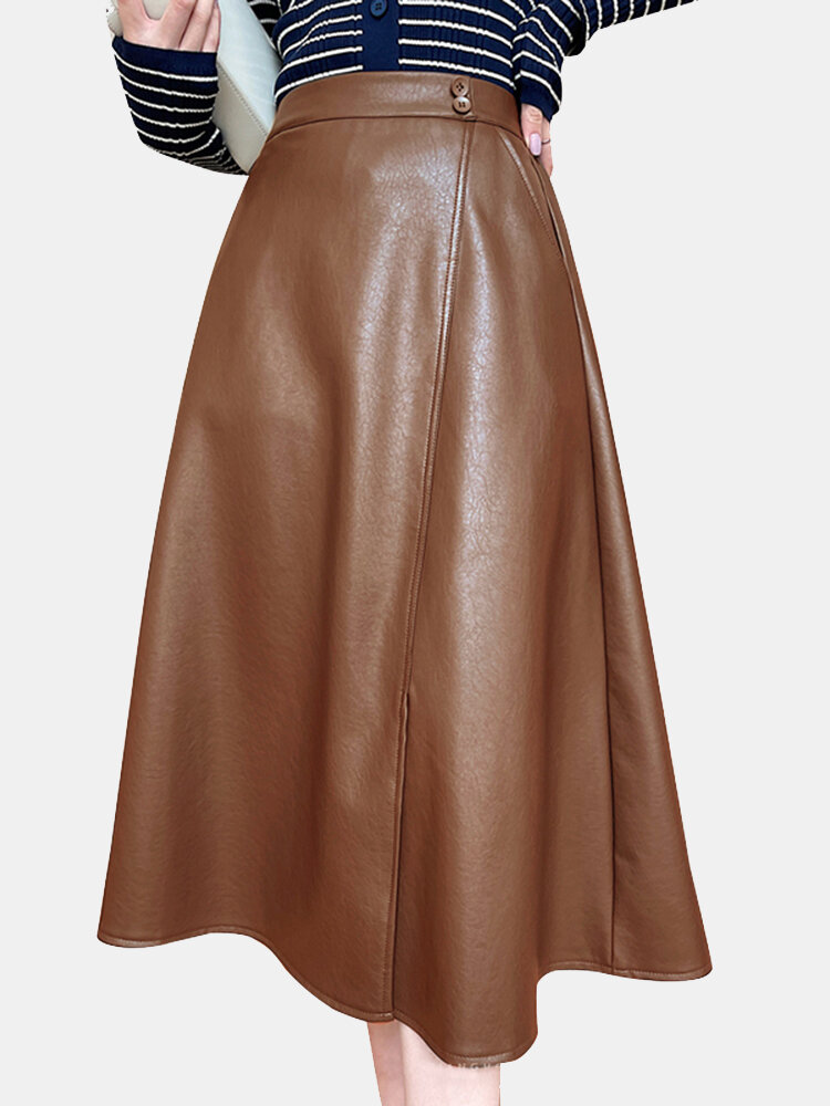 Women Solid PU Letaher Slit Hem Pocket Skirt