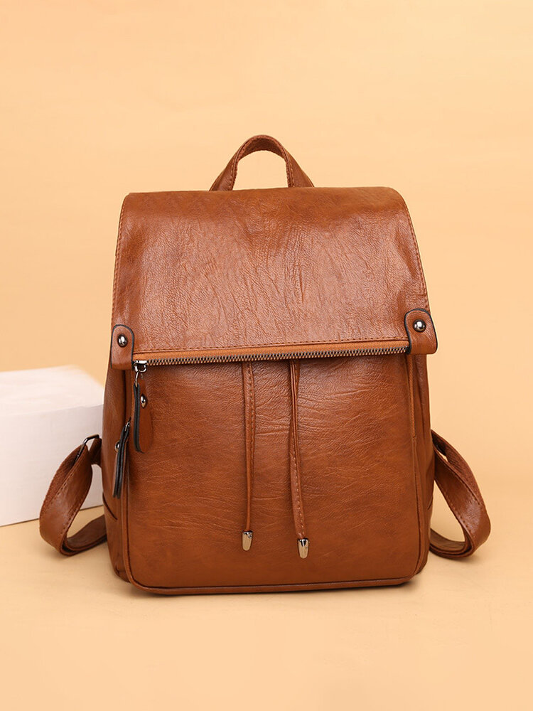 Women Artificial Leather Vintage Large Capacity Backpack Brief Durable Casual Rubbing Color Bag