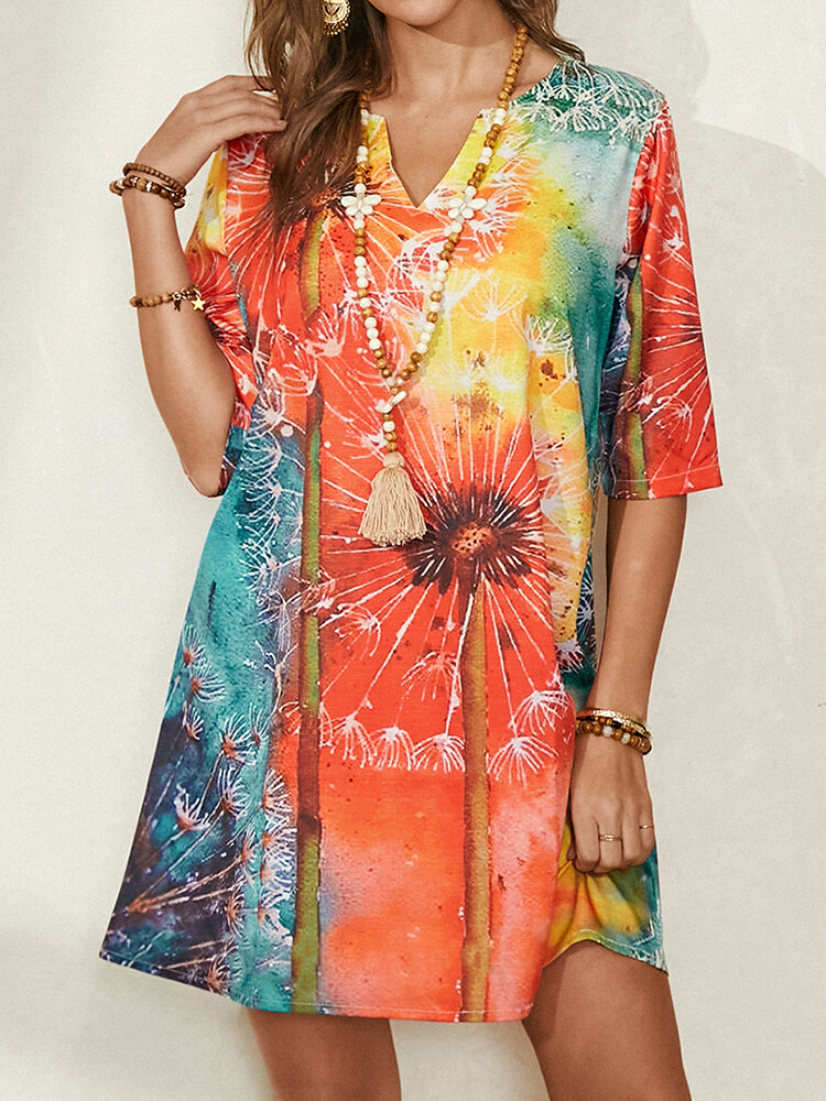 Multi-color Calico Print V-neck Half Sleeve Dress For Women