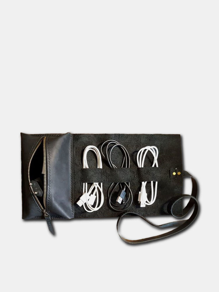 Men Vintage Faux Leather Solid Color Data Line USB Charger Multifunction Storage Bag