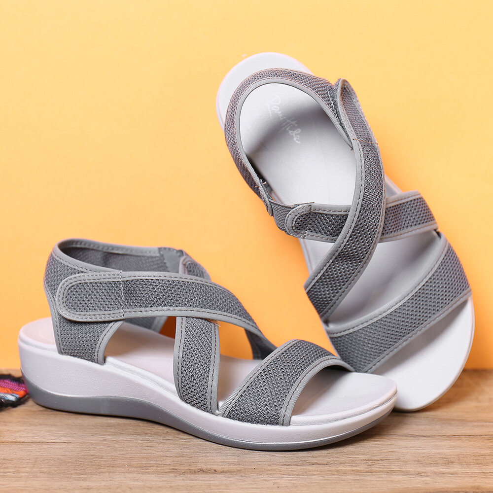 LOSTISY Cloth Opened Toe Cross Strap Casual Wedges Sandals