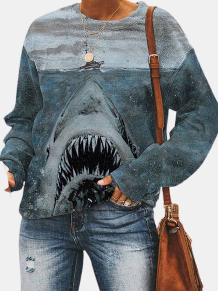 Fashion Shark Drawing Print Long Sleeve Casual Plus Size Sweatshirt