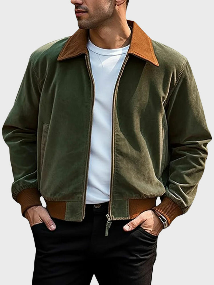 Mens Contrast Collar Zip Front Casual Corduroy Jacket Winter