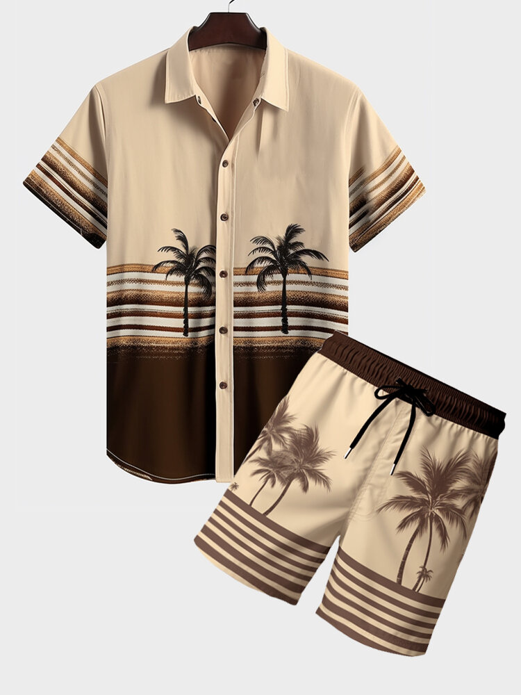 

Mens Coconut Tree Striped Print Lapel Hawaiian Vacation Two Pieces Outfits, Apricot