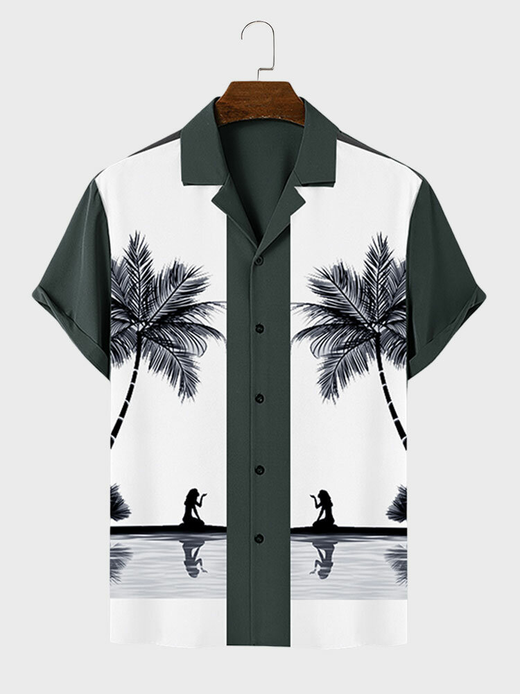 Mens Coconut Tree Figure Print Revere Collar Vacation Short Sleeve Shirts