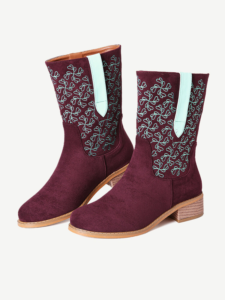 

LOSTISY Suede Stitching Knight Casual Mid Calf Cowboy Boots, Blue;wine red;camel
