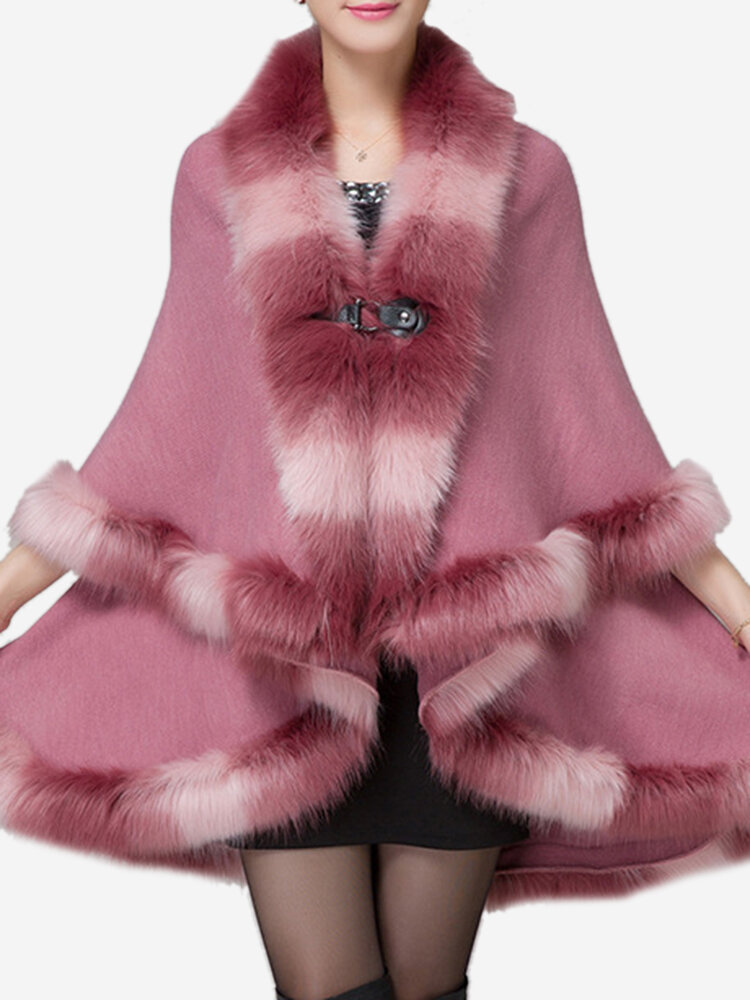 

Elegant Faux Fur Collar Shawl Cloak Knitted Coats For Women, Wine red