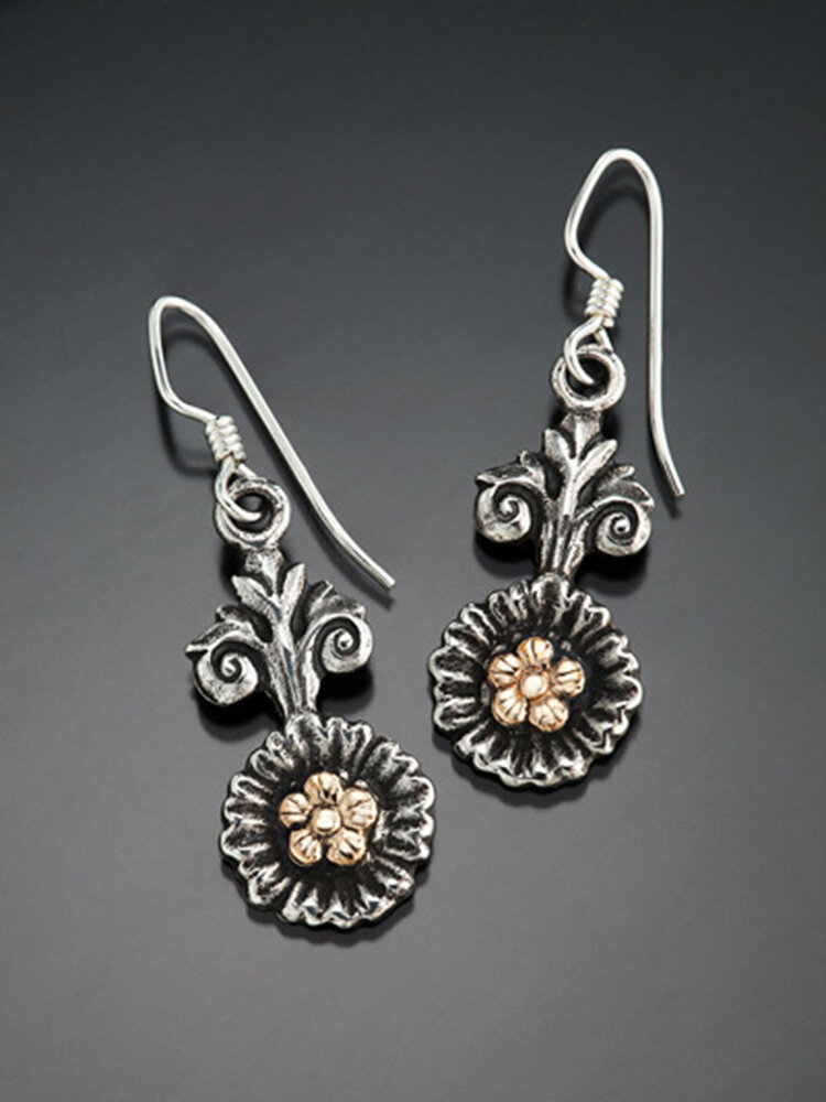 

Vintage Two-Tone Sun Flower Women Pendant Earrings, Antique silver