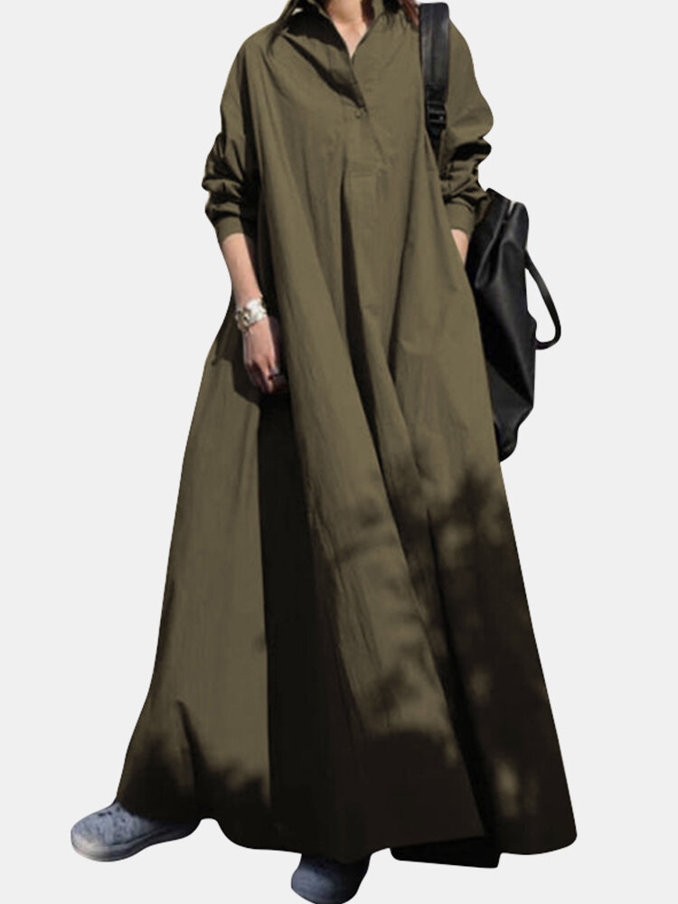 المرأة الصلبة اللون طية صدر السترة الياقة كم طويل فستان كاجوال