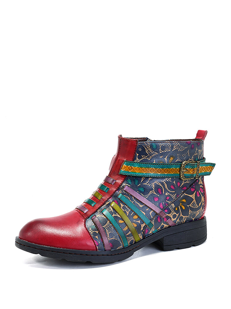 SOCOFY New Printing Retro Splicing Stripe Pattern Flat Leather Boots