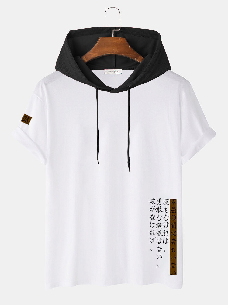 Mens Japanese Character Print Short Sleeve Contrast Hooded T-Shirts
