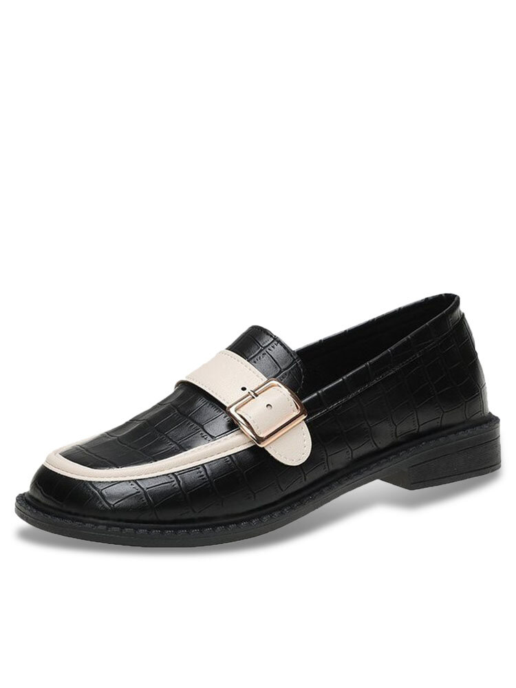 Women Fashion Alligator Pattern Buckle Embellished Comfy Square Toe Black Loafers Shoes
