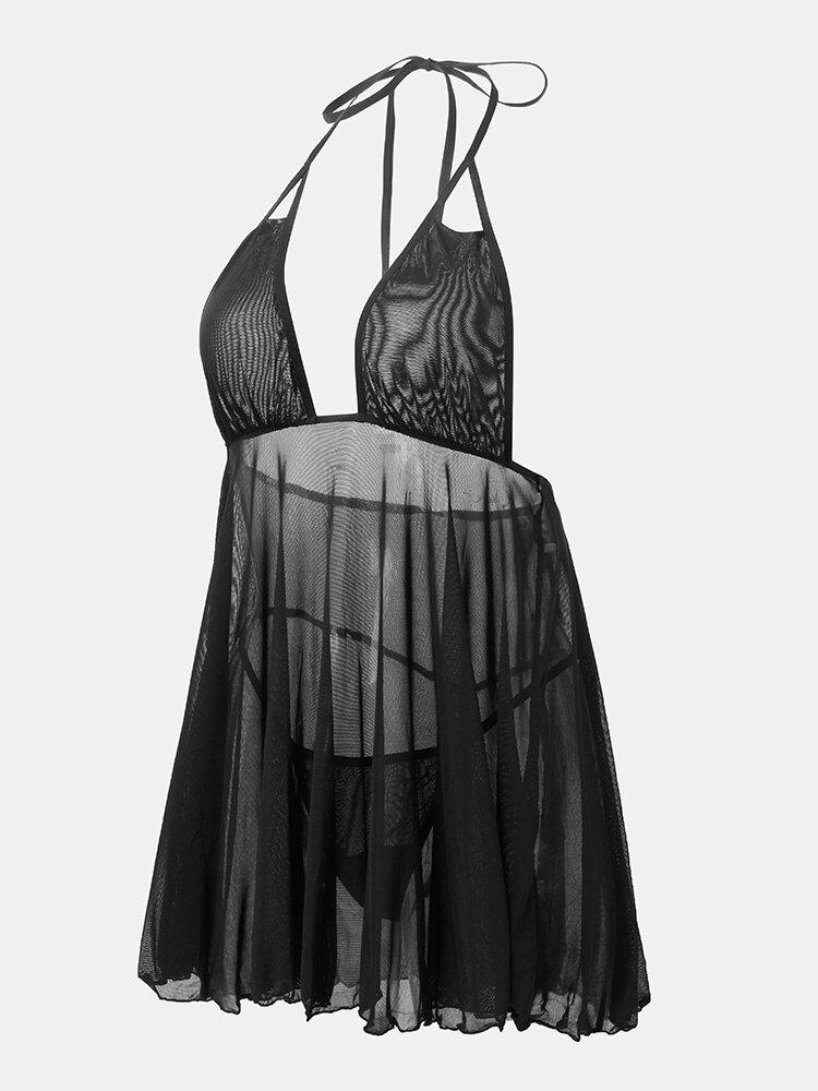 

Women Mesh See Through Halter Backless Solid Thin Babydolls Nightdress, Black