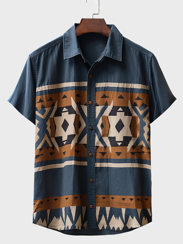 

Mens Ethnic Geometric Print Patchwork Button Up Short Sleeve Shirts, Navy