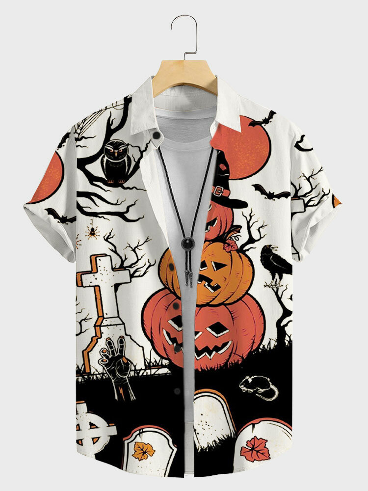 

Mens Halloween Pumpkin Print Lapel Short Sleeve Shirts, White