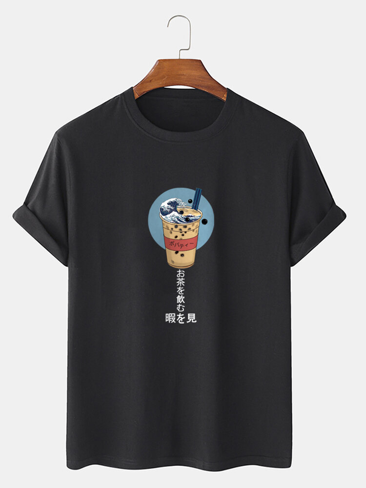 Mens Japanese Wave Milk Tea Print Cotton Short Sleeve T-Shirts