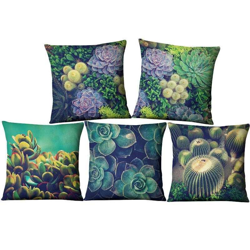 

Succulent Cactus Linen Pillow Case Home Fabric Sofa Desert Green Cushion