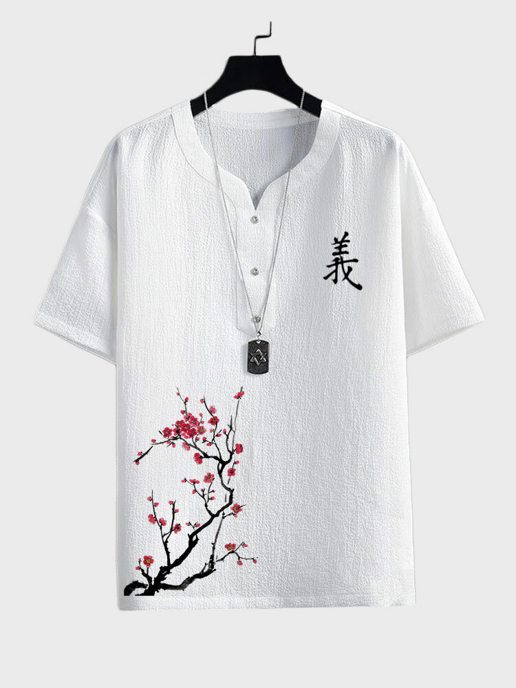 Mens Chinese Plum Bossom Print Quarter Button Short Sleeve T Shirts