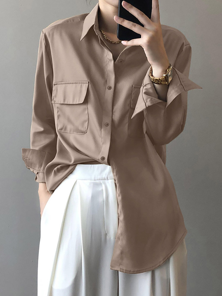 Satin Solid Pocket Button Front Long Sleeve Lapel Shirt