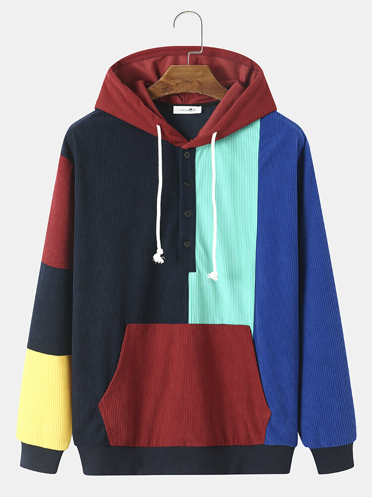 

Mens Contrast Stitching Corduroy Half Button Casual Overhead Drawstring Hoodies, Multicolor