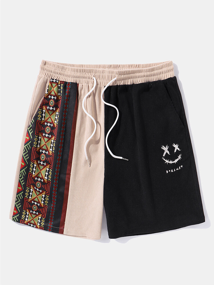 Mens Ethnic Geometric Smile Embroidered Patchwork Corduroy Shorts