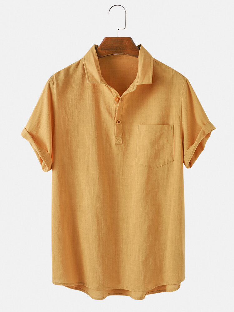 Men 100% Cotton Solid Color Light Breathable Casual Henley Shirt
