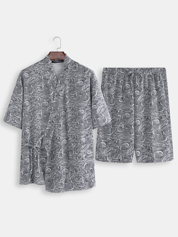 Men Kimono Robe Pajamas Set Water Pattern Print Loose Breathable Japanese Bathrobe Loungewear