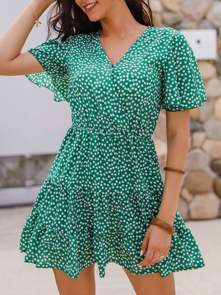 Dot Print V-neck Ruffle Short Sleeve Mini Dress For Women