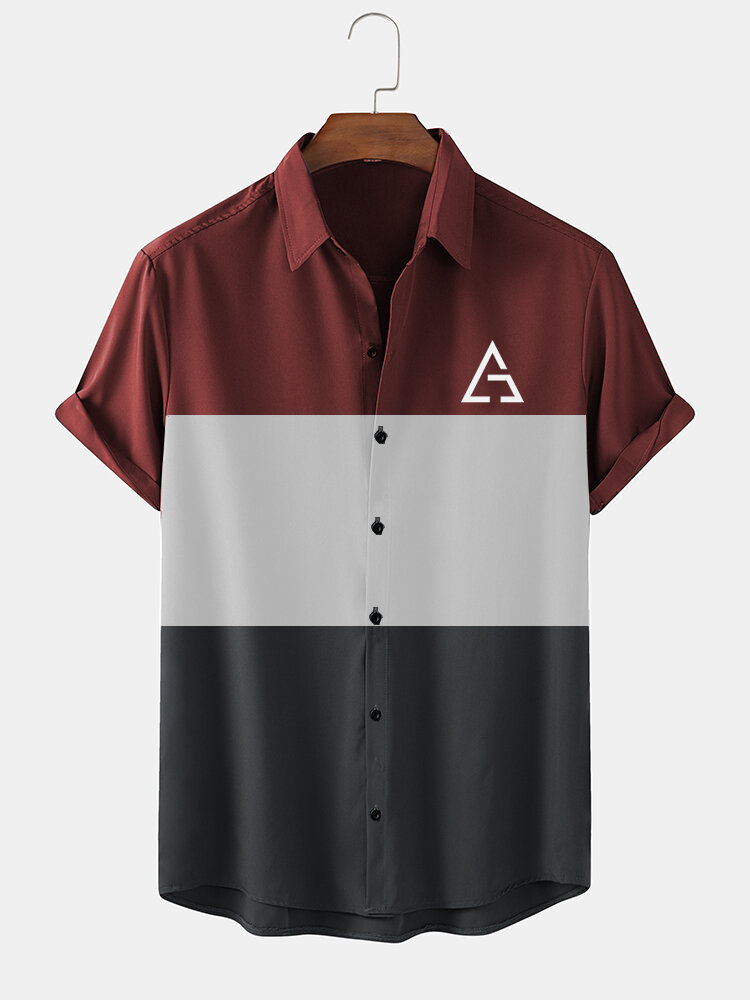 Mens Geometric Print Color Block Lapel Short Sleeve Shirts
