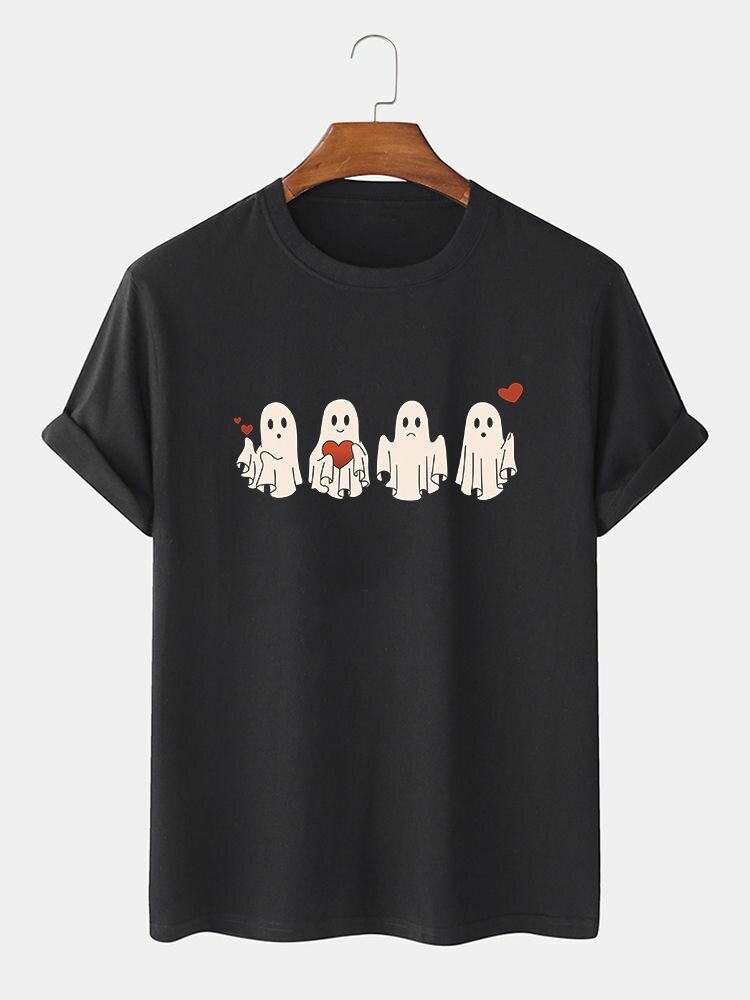 

Mens Cartoon Ghost Print Crew Neck Halloween Short Sleeve T-Shirts, Black