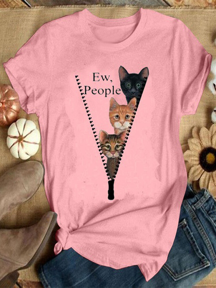Casual Cartoon Katze Bedrucktes Kurzarm-T-Shirt mit O-Ausschnitt