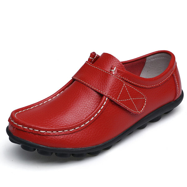 Soft Leather Pure Color Hook Loop Flat Comfortable Loafers