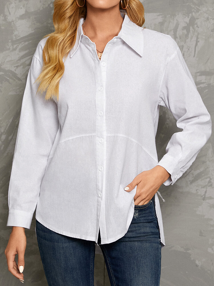 Solid Lapel Long Sleeve Button Down Shirt For Women