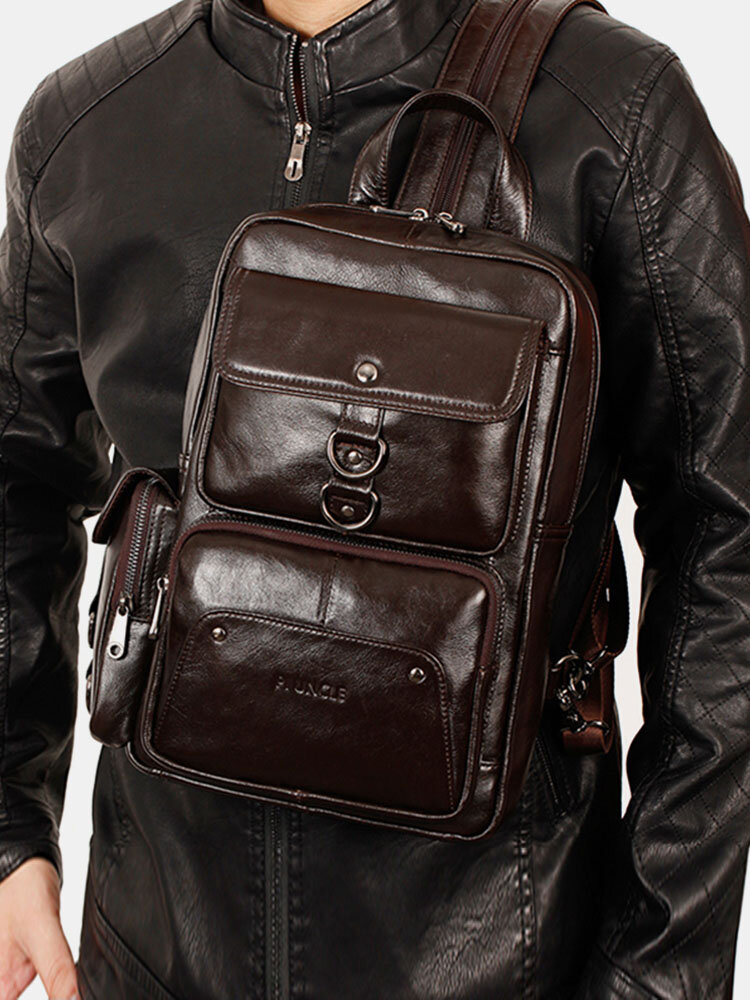 Men Sports Outdoor Genuine Leather Cow Leather Multifunction Multi-carry Crossbody Bag Backpack
