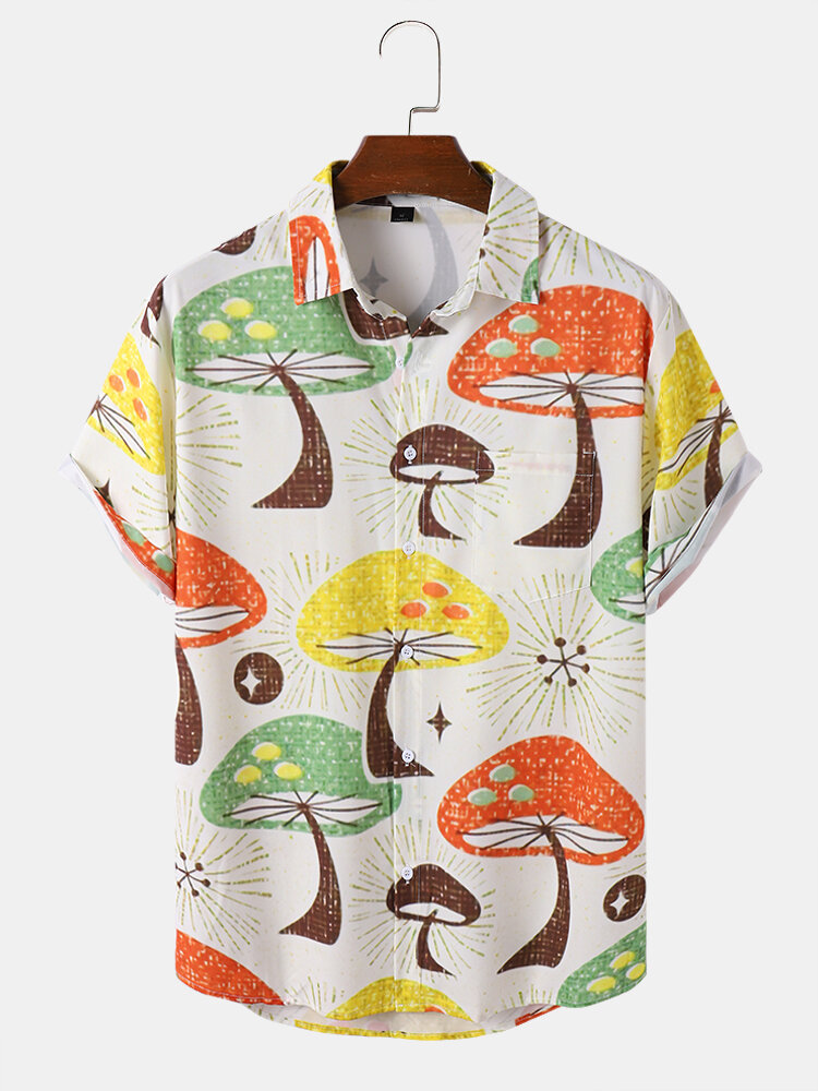 الرجال الكرتون فطر طباعة متعددة اللون طية صدر السترة عطلة الصيف Soft قمصان