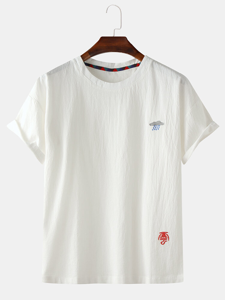 Mens Plain Little Cloud Cartoon Embroidery O-Neck T-Shirts